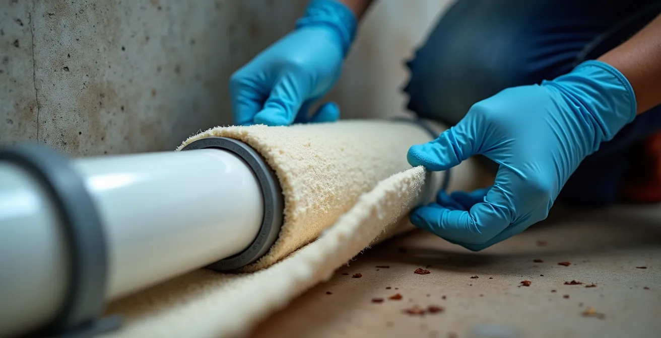 Close-up of acoustic pipe wrapping installation in a Montreal condominium