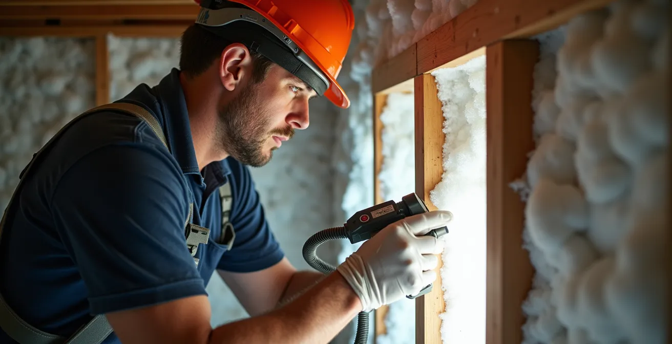 Wide view of rim joist insulation installation in a Montreal basement