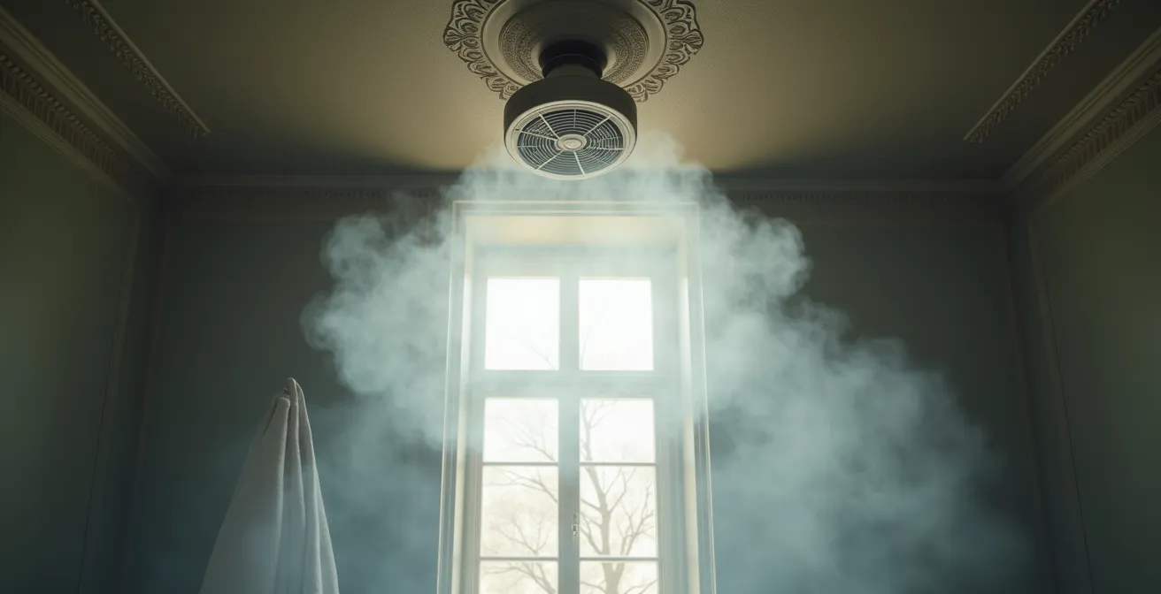 Cutaway view of large bathroom showing air circulation patterns and fan placement