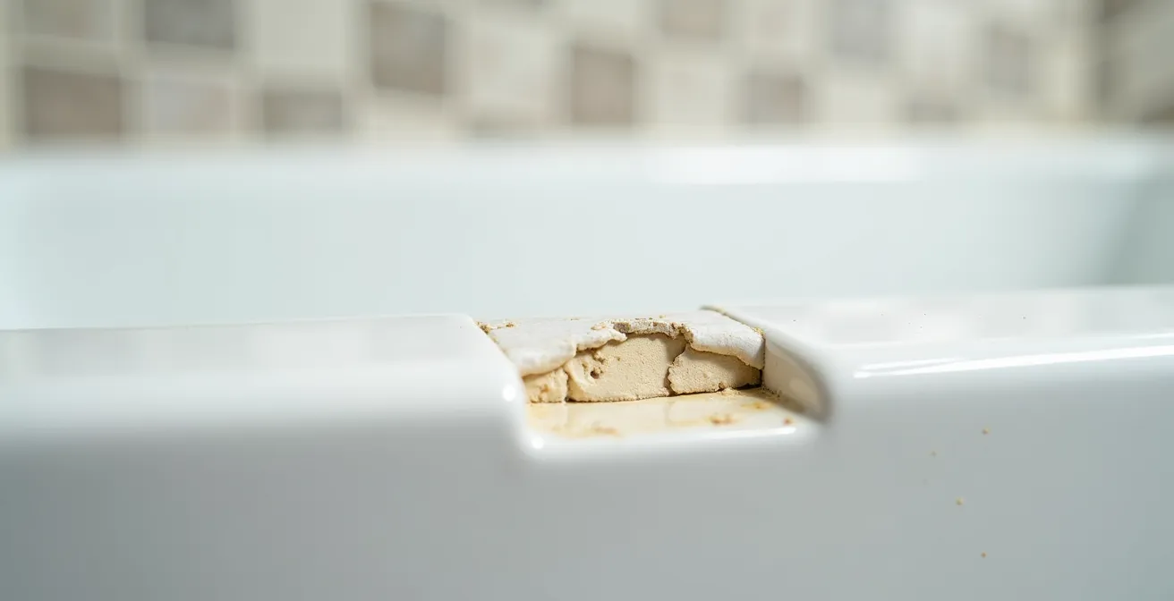 Close-up view of deteriorating bathtub caulk showing signs of adhesion failure