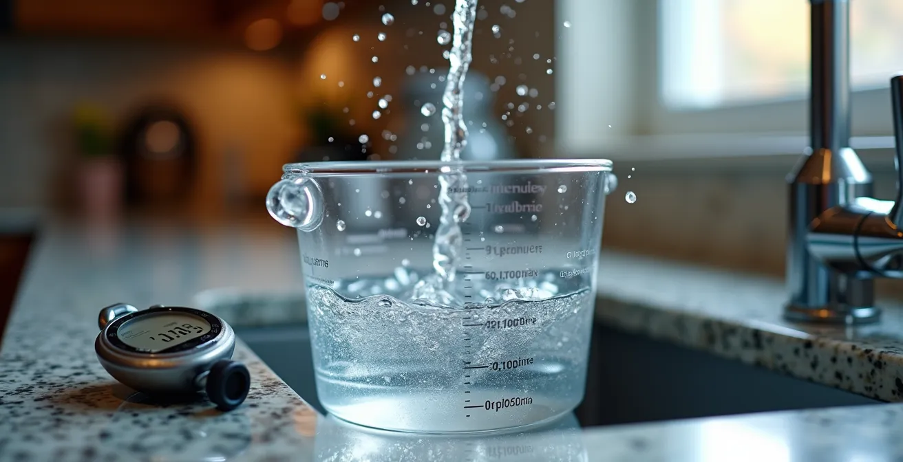 Close-up of water flowing into a measurement bucket with a stopwatch nearby, demonstrating a GPM test.