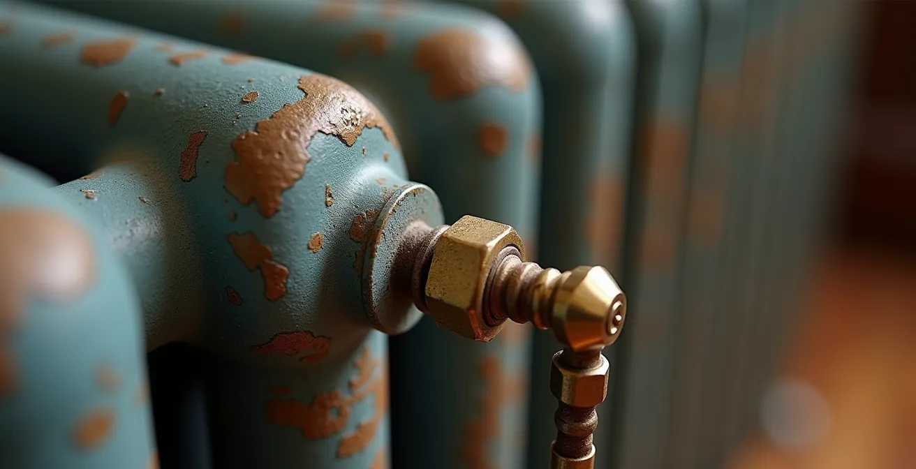 Macro shot of vintage cast iron radiator valve being bled with traditional square key tool