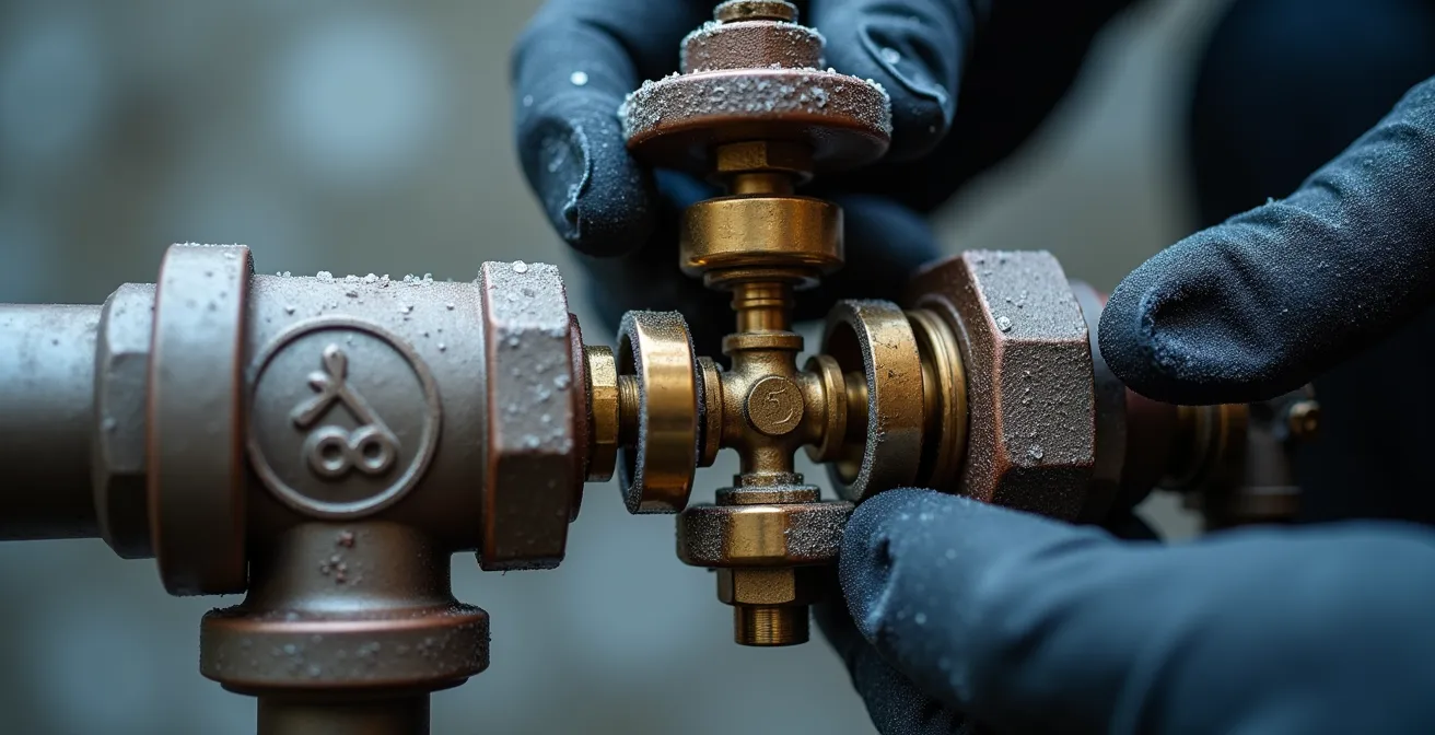 Close-up inspection of cold-climate check valve in Montreal basement during winter