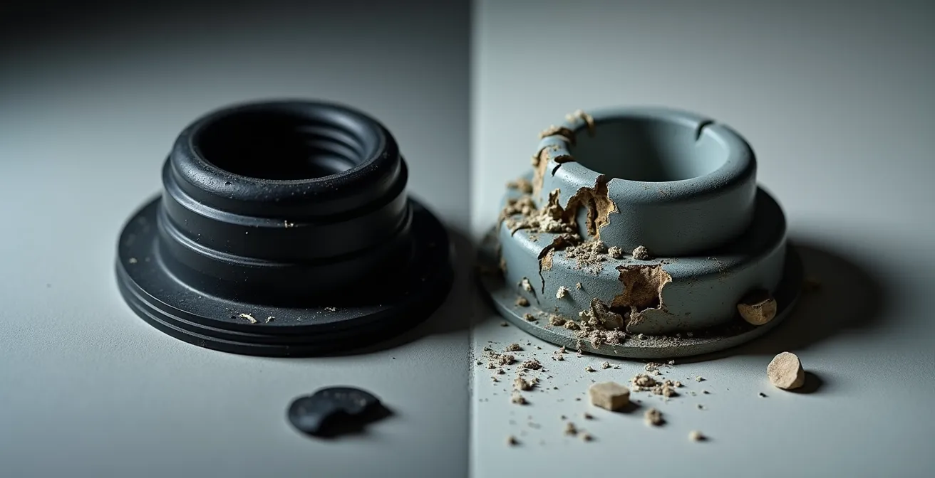 Close-up view of damaged rubber toilet gasket showing deterioration from chemical exposure