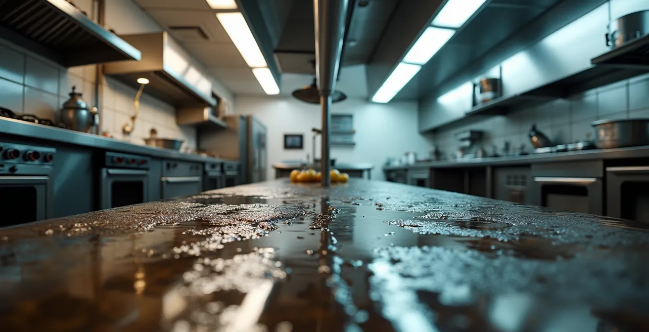 Split scene showing flooded restaurant kitchen versus clean maintained pipes