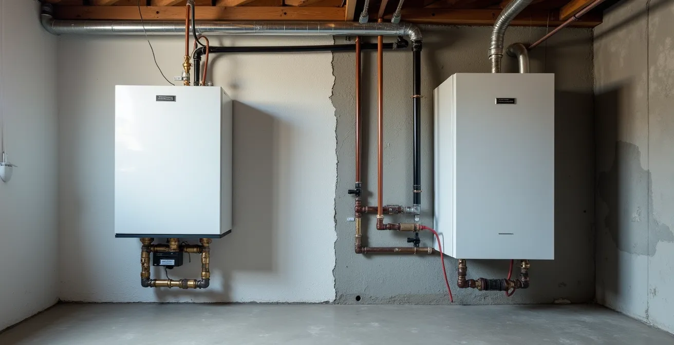 Split view comparing electric and gas tankless water heater installations in a Quebec home