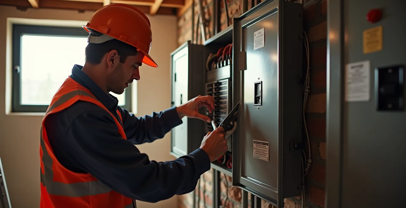 A modern 200-amp electrical panel being installed in a Montreal duplex basement, with an electrician's hands carefully working on the wiring.