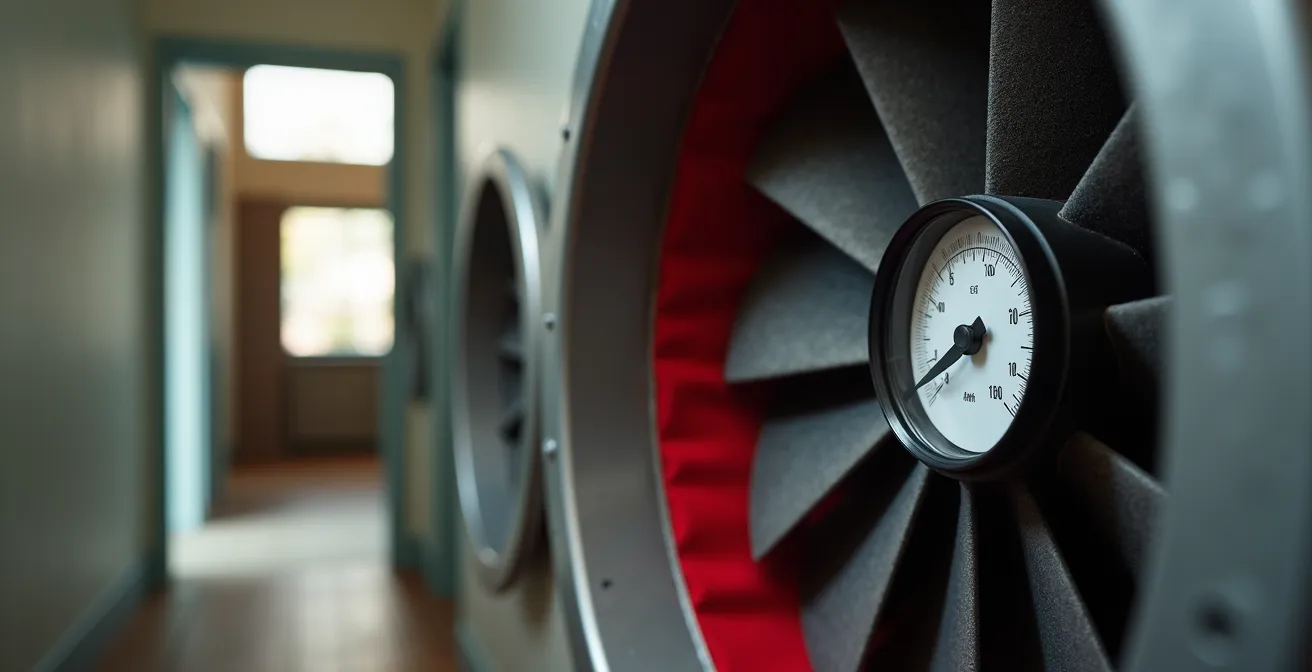 Energy evaluation professional performing blower door test in Montreal home bathroom