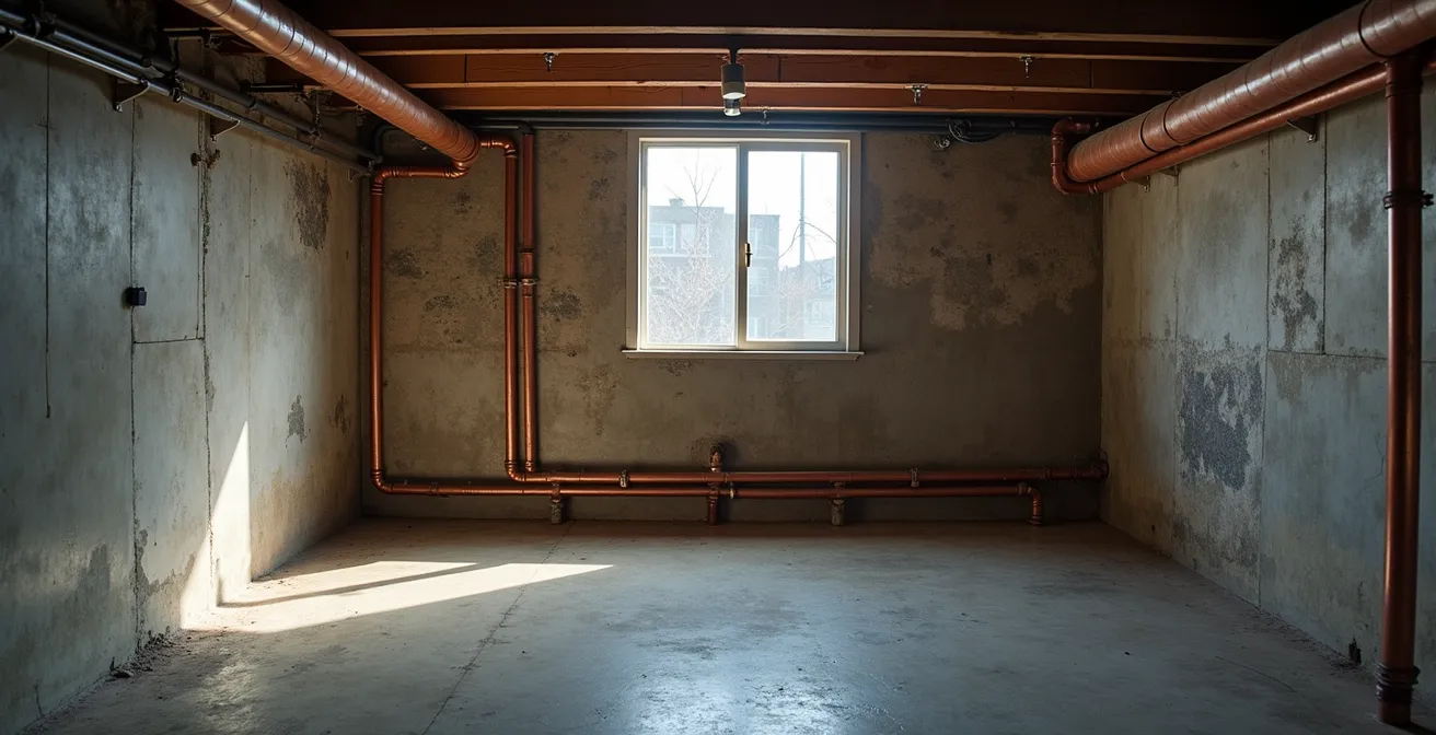 Wide shot of exposed copper pipes along concrete basement wall with frost and condensation visible