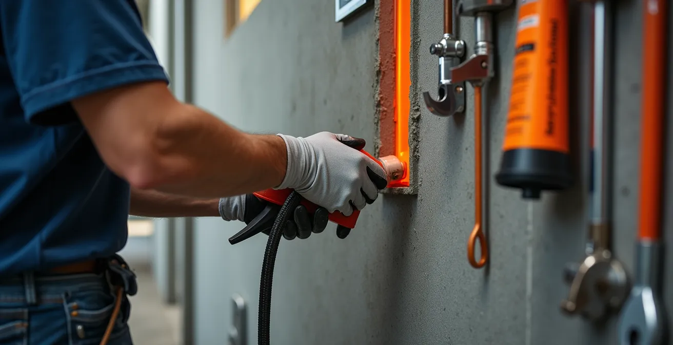 Fire-rated caulk being applied around pipe penetration in garage wall