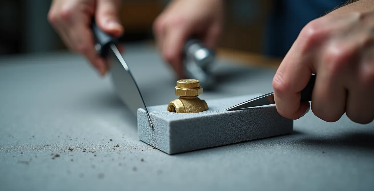 Hands cutting foam insulation around a valve with precision tools