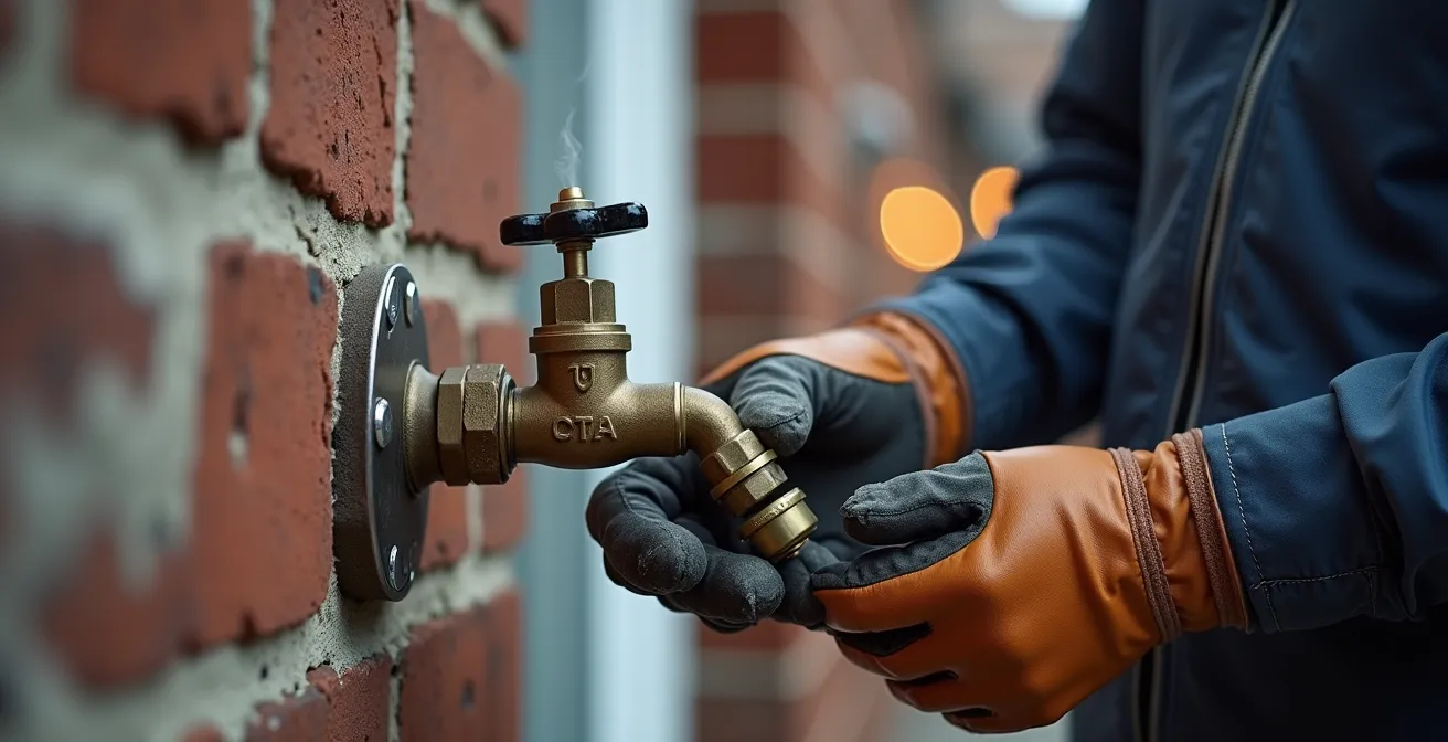 Professional plumber installing a frost-free outdoor faucet on brick wall with visible insulation
