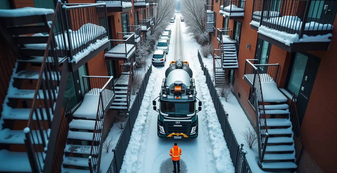 Aerial view of vacuum truck accessing grease interceptor in narrow Montreal alley during winter