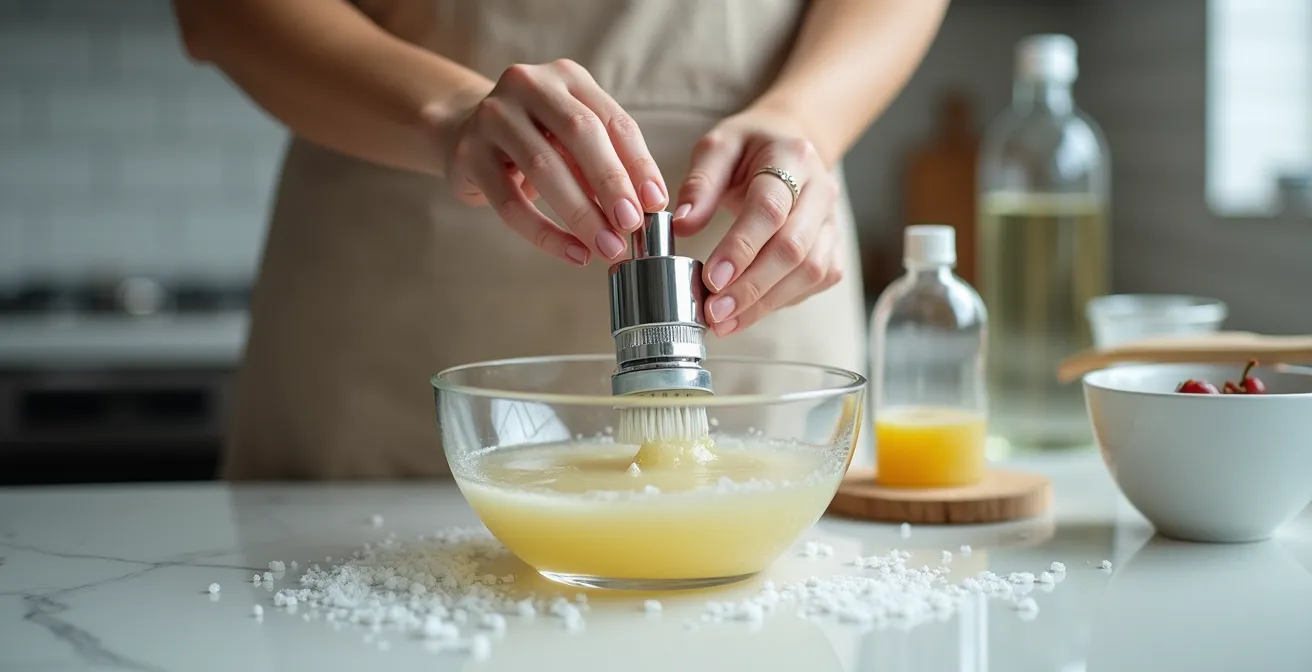 Close-up of hands cleaning faucet aerator in glass bowl with vinegar solution