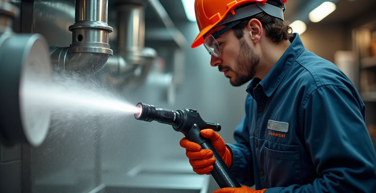 High-pressure water jet cutting through solidified grease buildup inside commercial drain pipe