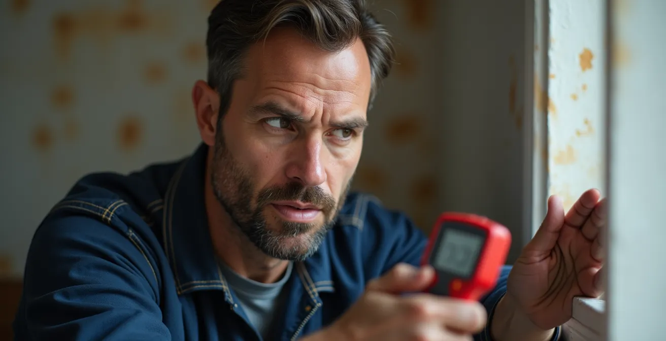 Close-up portrait of professional plumber using inspection tools with focused expression