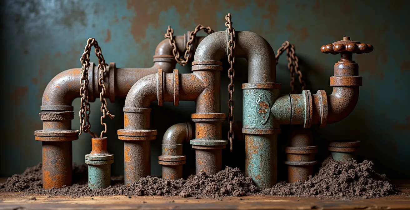 Detail view of deteriorating lead and oakum joint in vintage cast iron plumbing