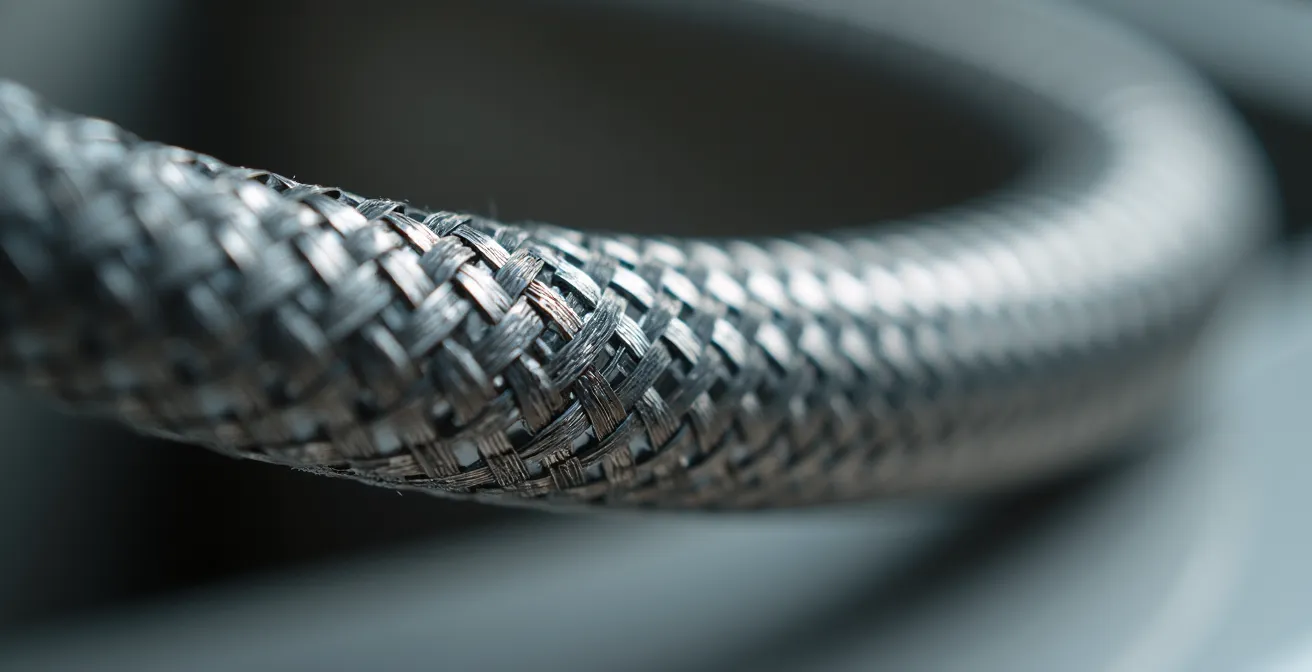 Extreme close-up of plumbing flex hose showing texture and potential wear patterns