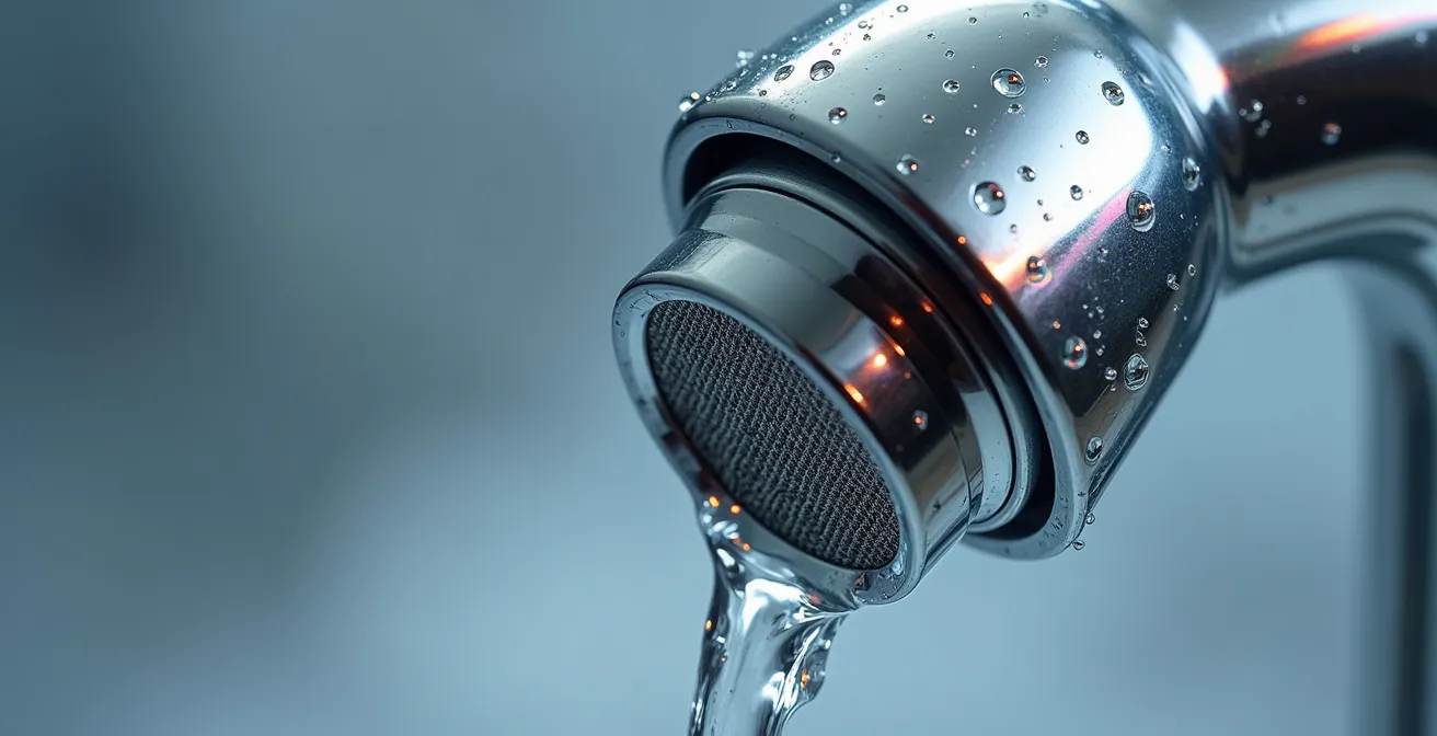 Extreme close-up of chrome faucet aerator with water droplets forming