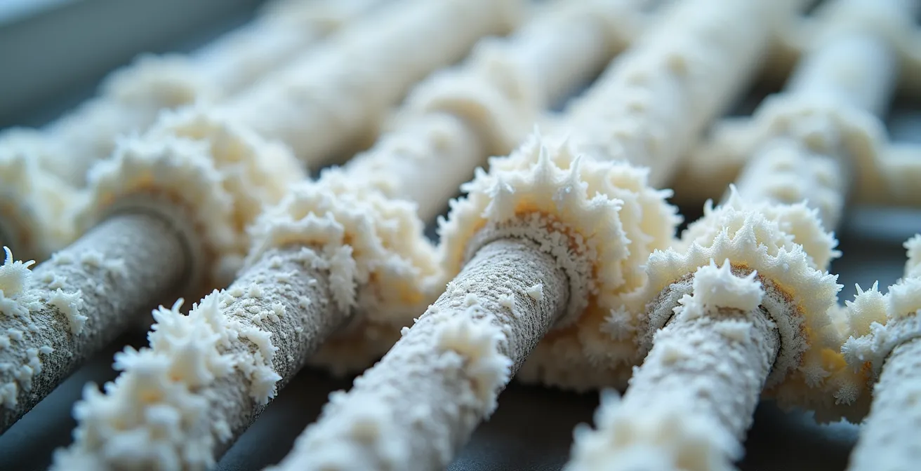 Extreme close-up of limescale deposits on water heater element showing efficiency impact