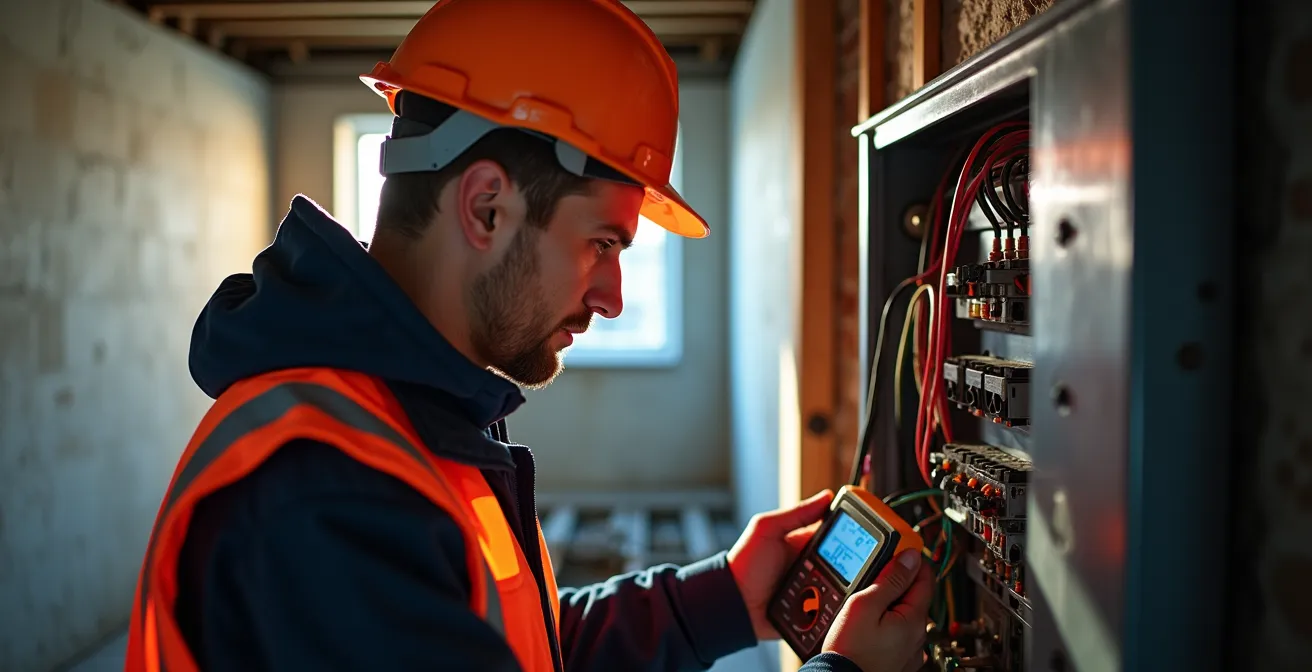 Professional electrician examining a residential electrical panel with dual-energy system controls in a Montreal basement