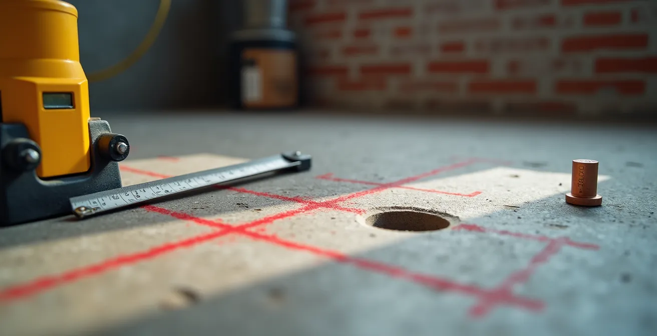 Professional measuring freestanding bathtub rough-in dimensions on marked concrete floor