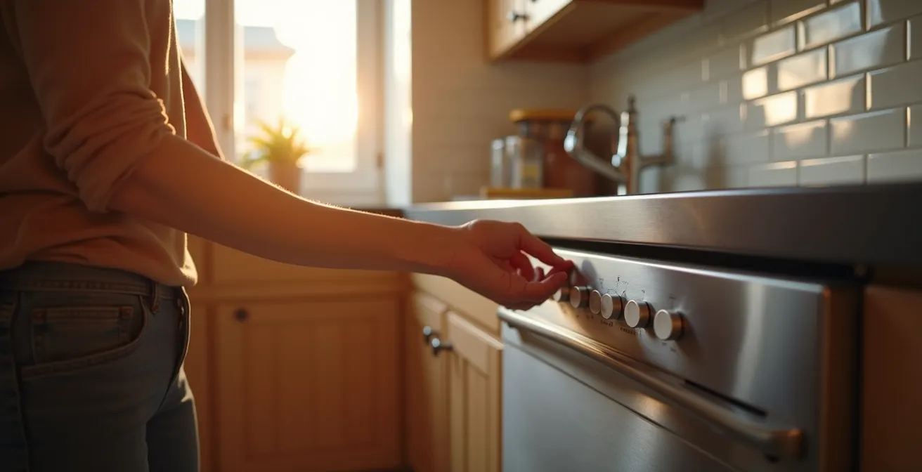 Modern Montreal kitchen at evening with homeowner setting dishwasher timer for off-peak operation