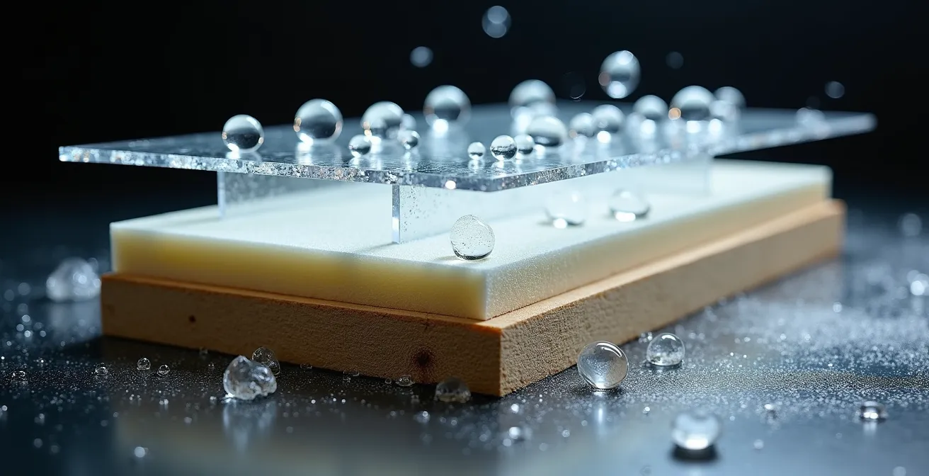 Cross-section diagram showing moisture trapped between two vapor barriers in a basement wall assembly