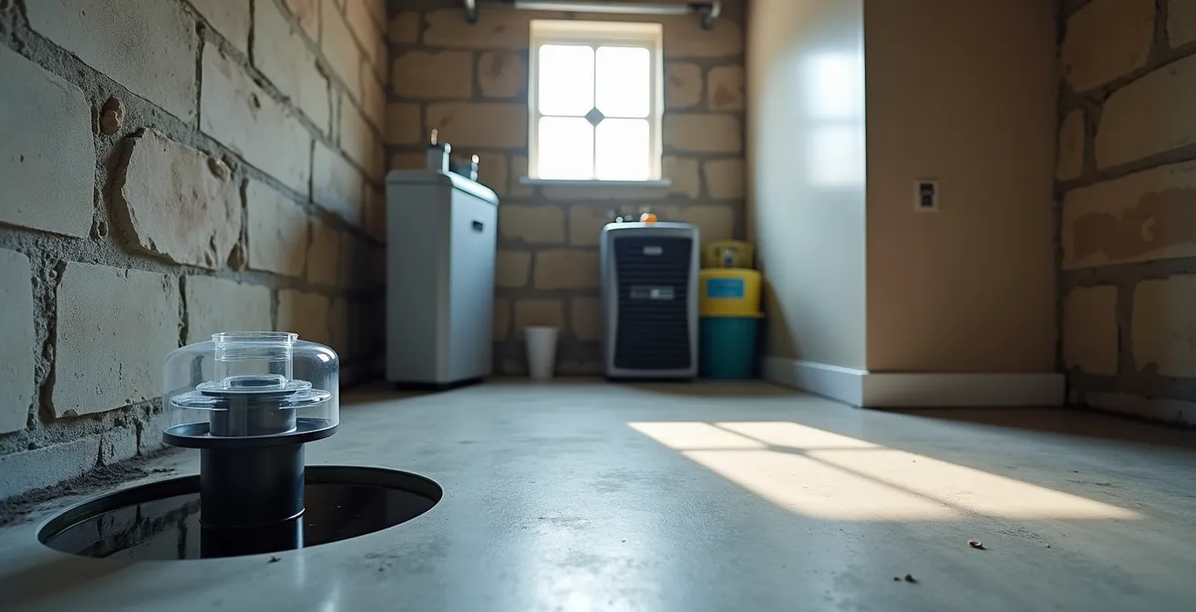 Wide angle view of Montreal basement showing complete flood protection setup including backwater valve and sump pump