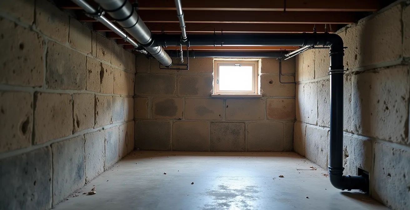 Wide view of typical Montreal duplex basement showing strategic cleanout placement near foundation wall