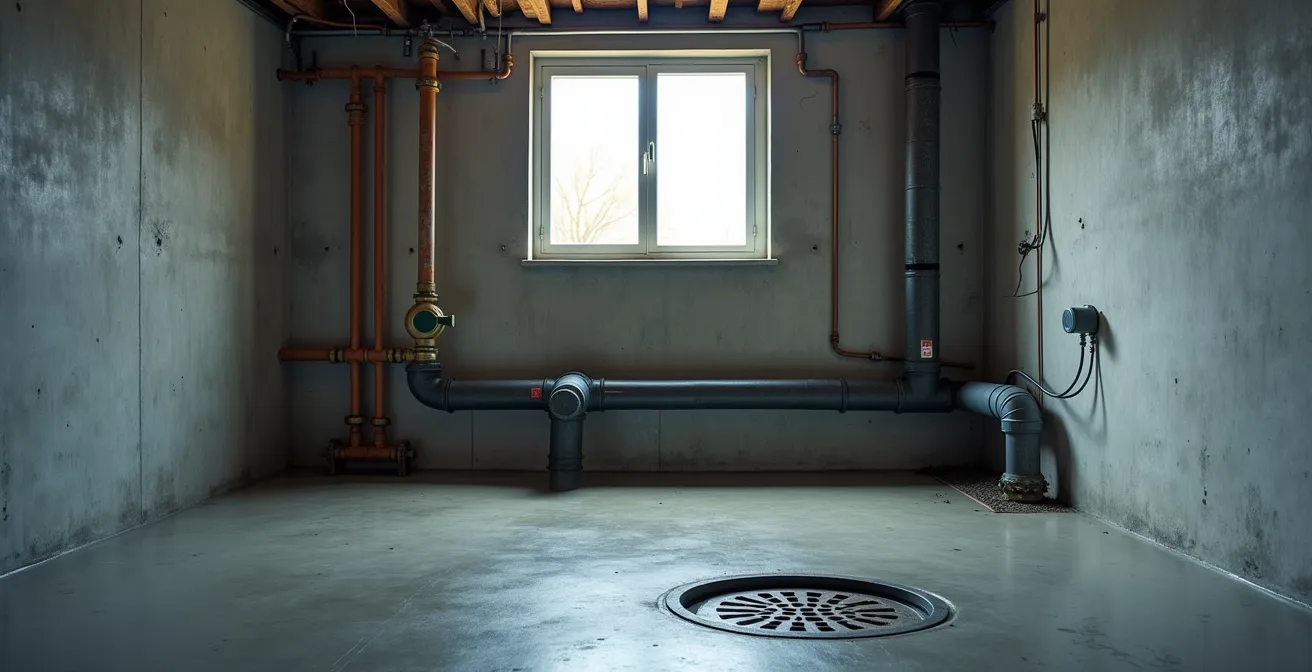 Wide shot of Montreal residential basement showing drainage infrastructure and backwater valve