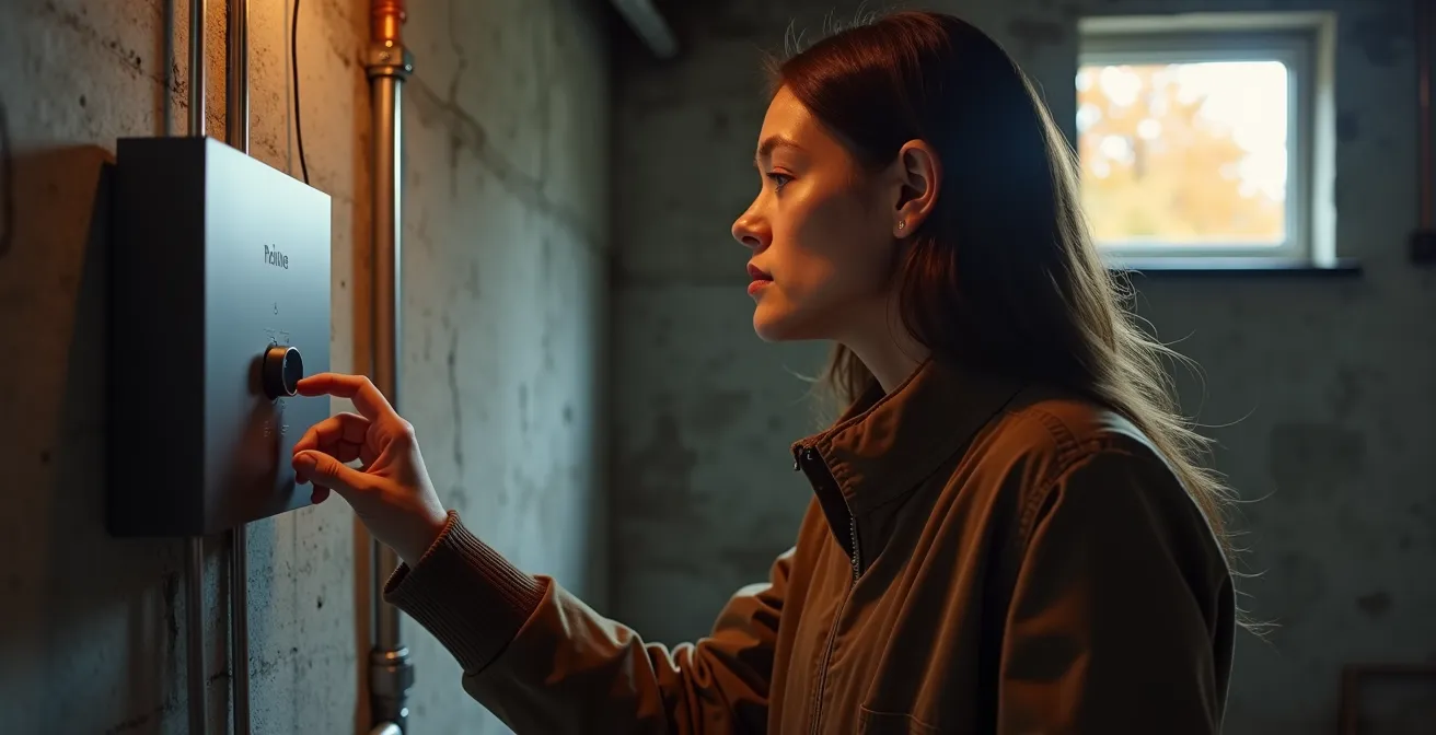 Homeowner pressing test button on smart water valve in basement during seasonal maintenance