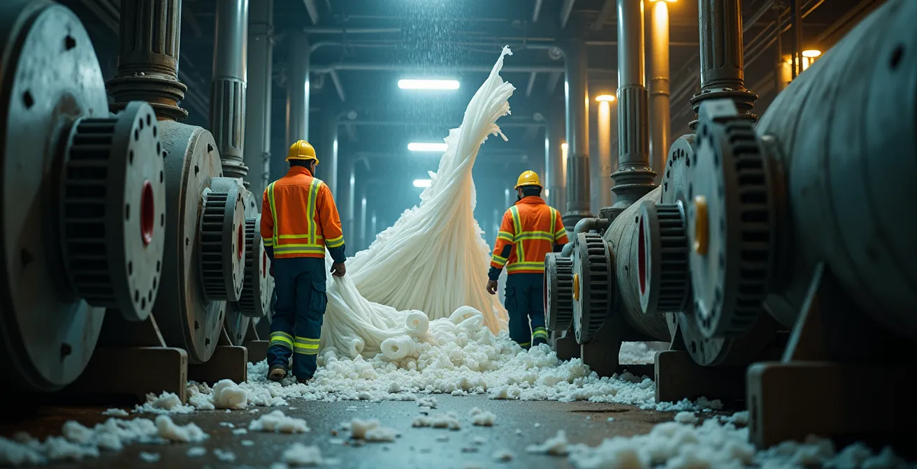 Wide angle view of municipal workers clearing masses of wipes from industrial pumping equipment