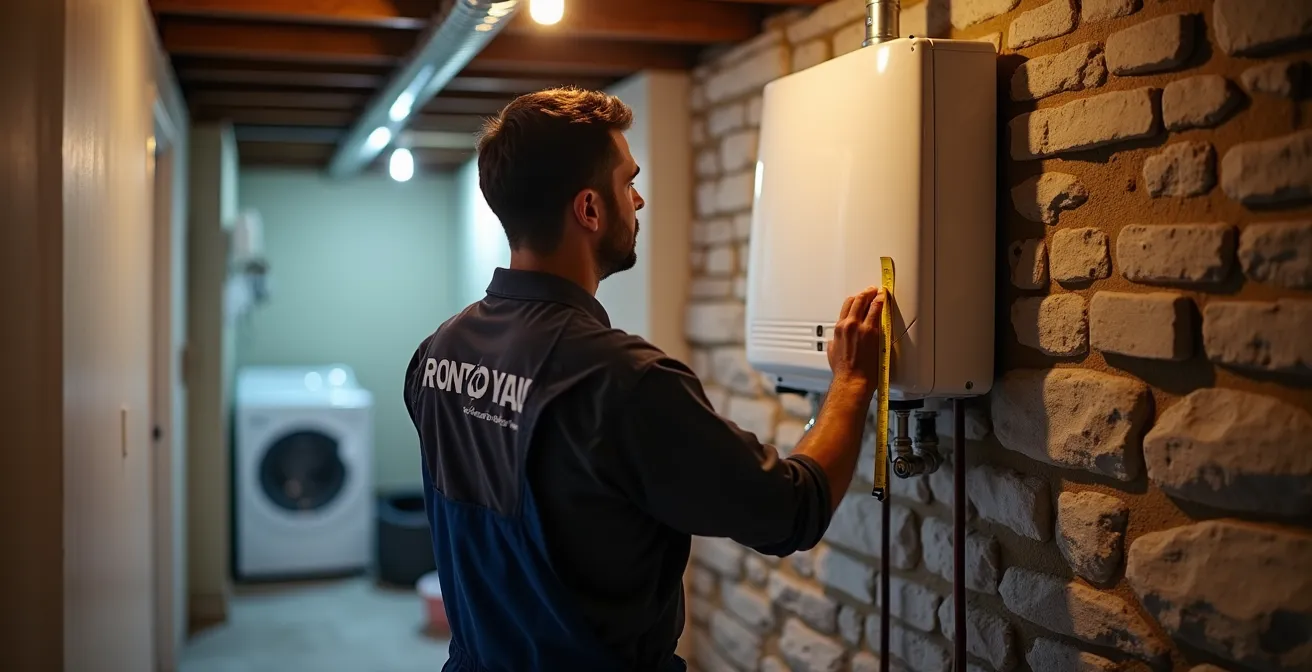 Basement mechanical area of a Montreal triplex showing optimal tankless water heater mounting