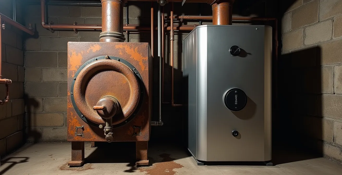Split view showing vintage cast iron boiler section next to modern high-efficiency unit in Montreal basement