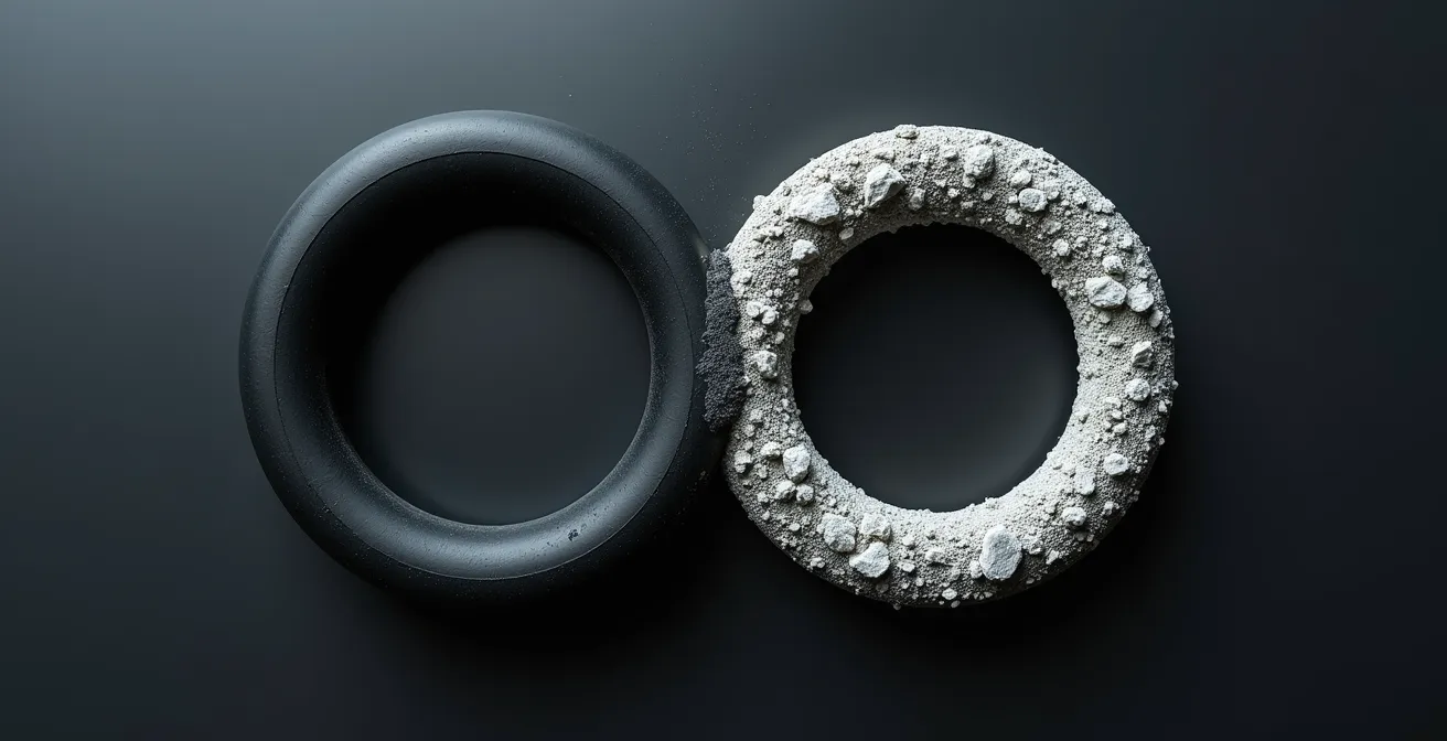 Macro comparison of new silicone O-ring next to mineral-damaged nitrile O-ring