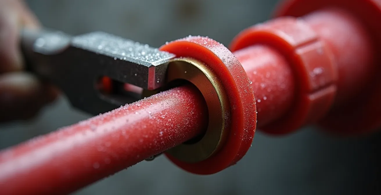 Close-up of PEX-A expansion tool in use during cold weather installation