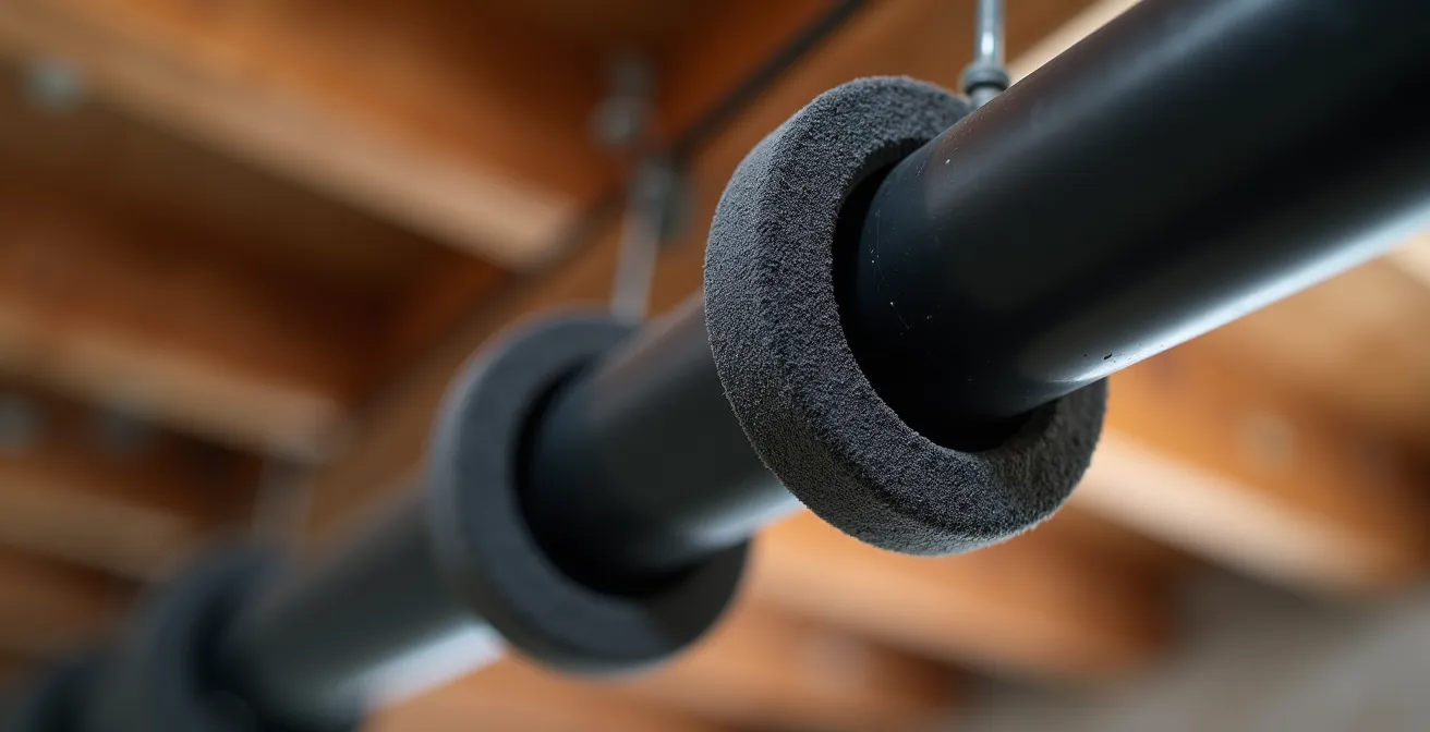 Close-up view of properly spaced noise-isolating pipe hangers supporting ABS drain pipes