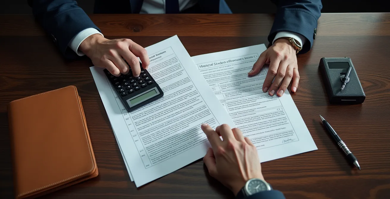 Professional reviewing insurance documents at desk with calculator