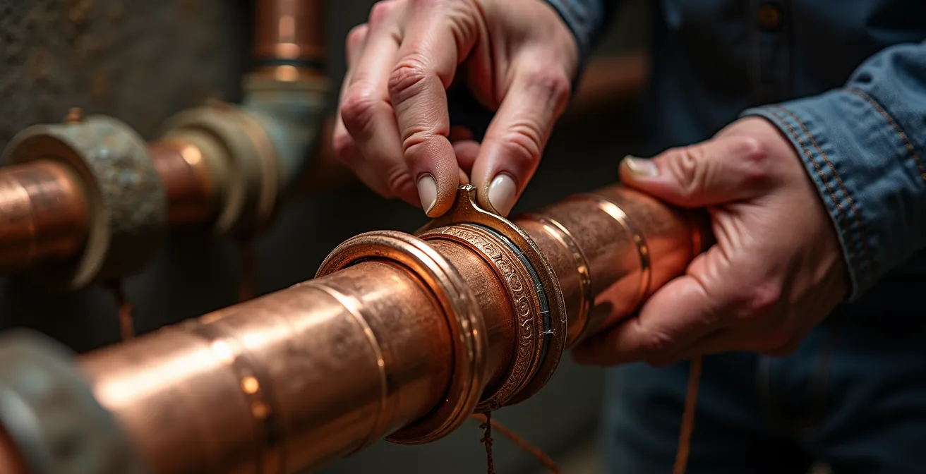 Close-up of professional plumber's hands installing copper drain water heat recovery coils on existing vertical drain pipe