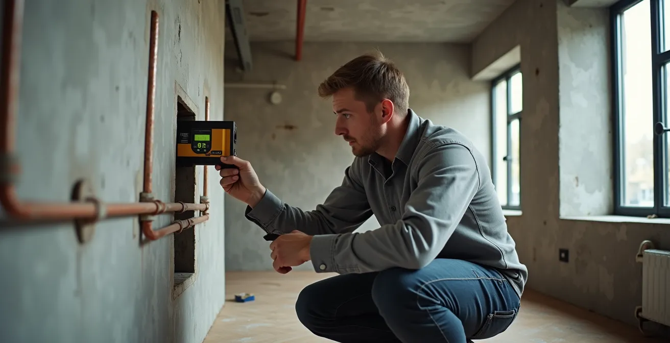 Inspector examining exposed plumbing installation with measuring tools before wall closure