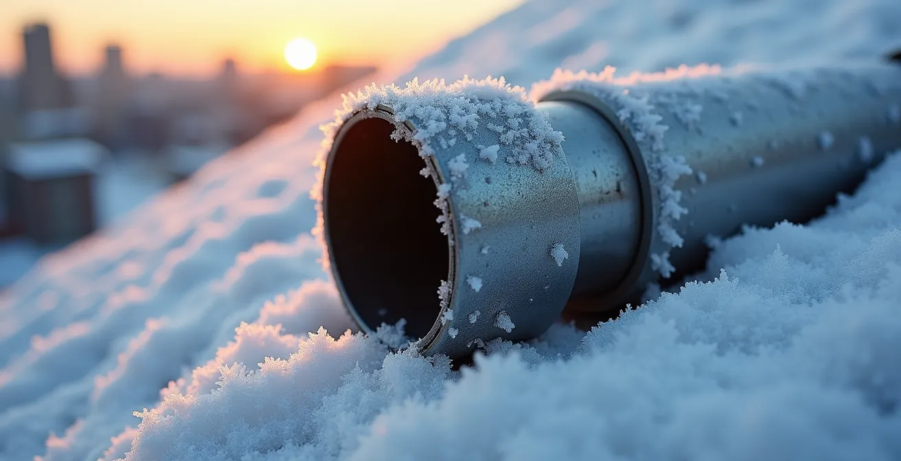 Cross-section diagram of vent stack with frost protection in Montreal winter conditions