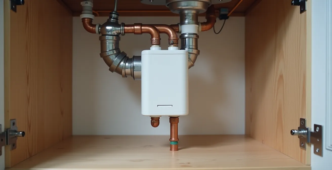 Under-sink view of compact point-of-use water heater with copper pipes in Montreal home