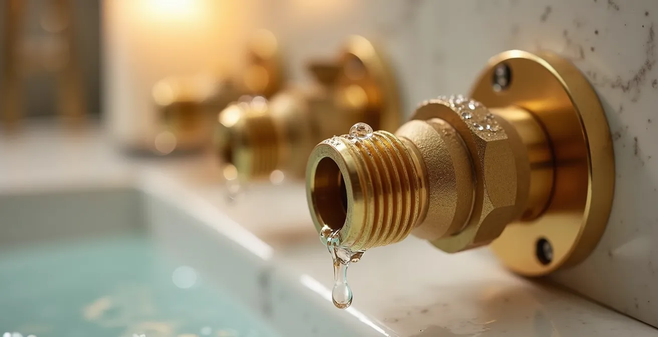 Close-up of a pressure reducing valve protecting high-end bathroom fixtures