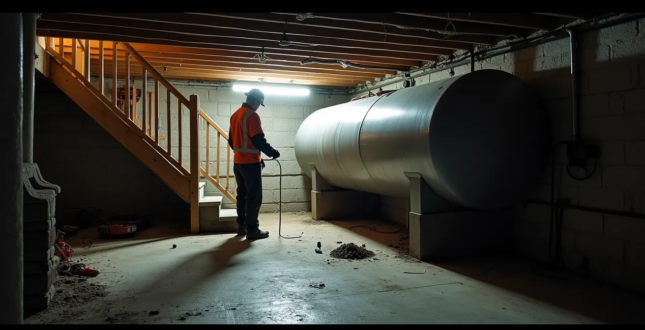 Technician safely removing old oil tank from Montreal home basement