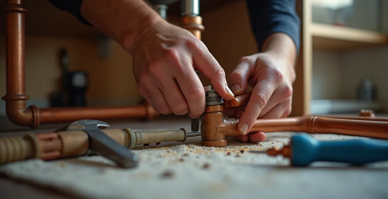 Experienced plumber examining drain water heat recovery unit installation in Montreal home renovation