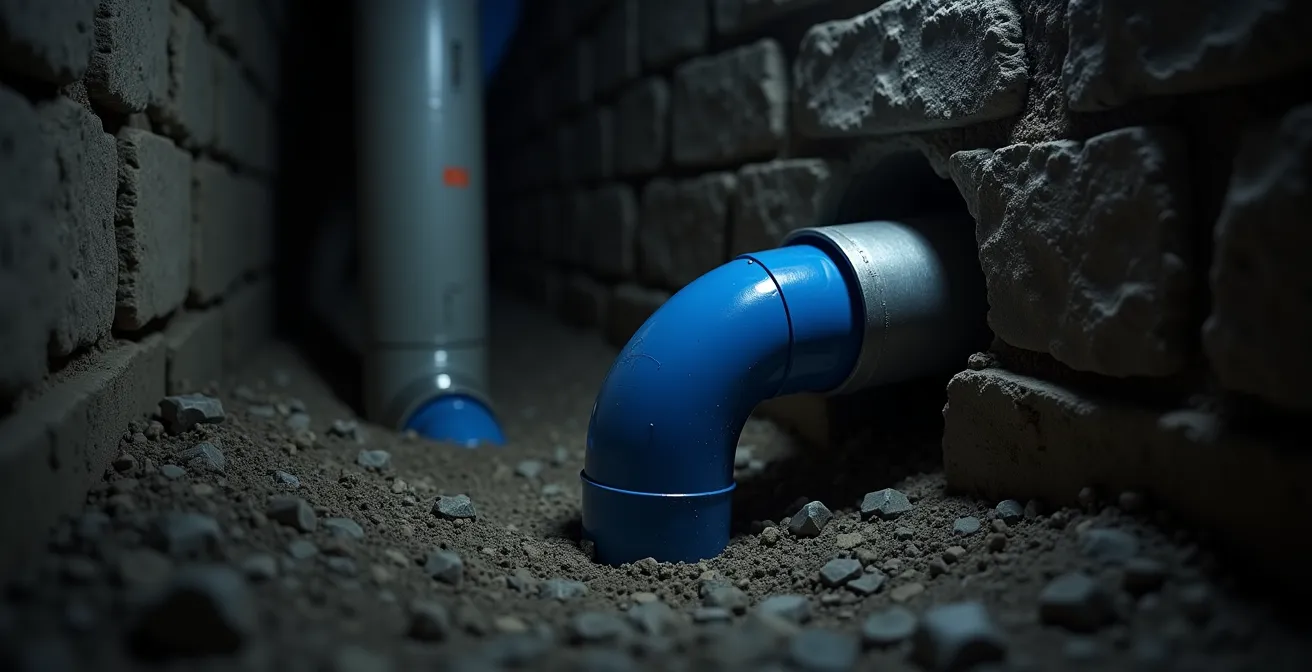 PEX pipes protected with metal conduit in typical Montreal basement setting