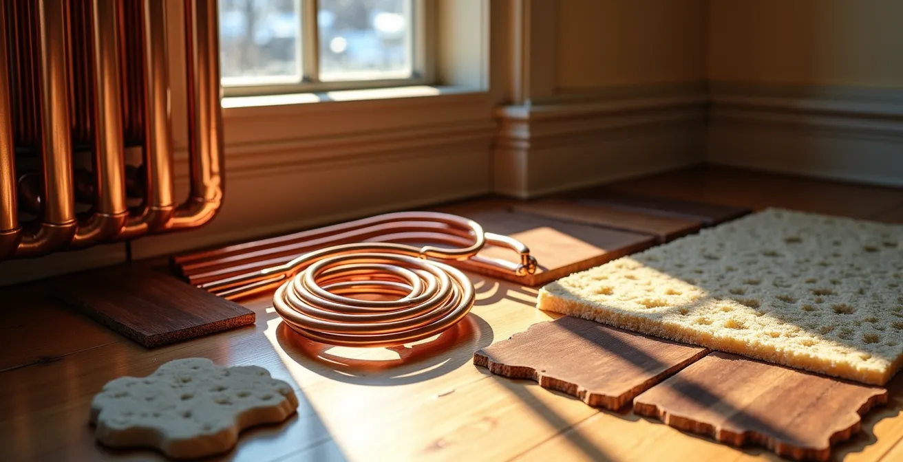 A cross-section view showing the layers of a radiant floor heating installation within a Montreal duplex setting.