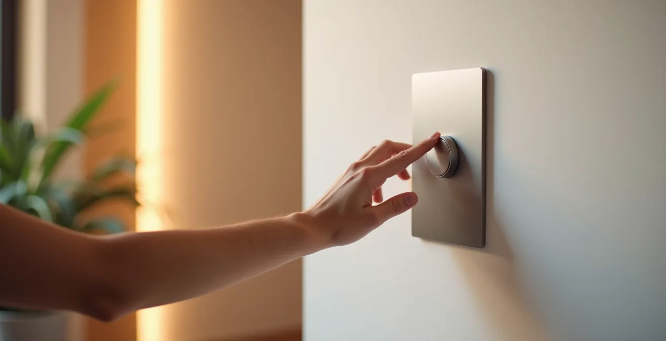 Hand adjusting a modern smart dimmer switch on bathroom wall with soft ambient lighting