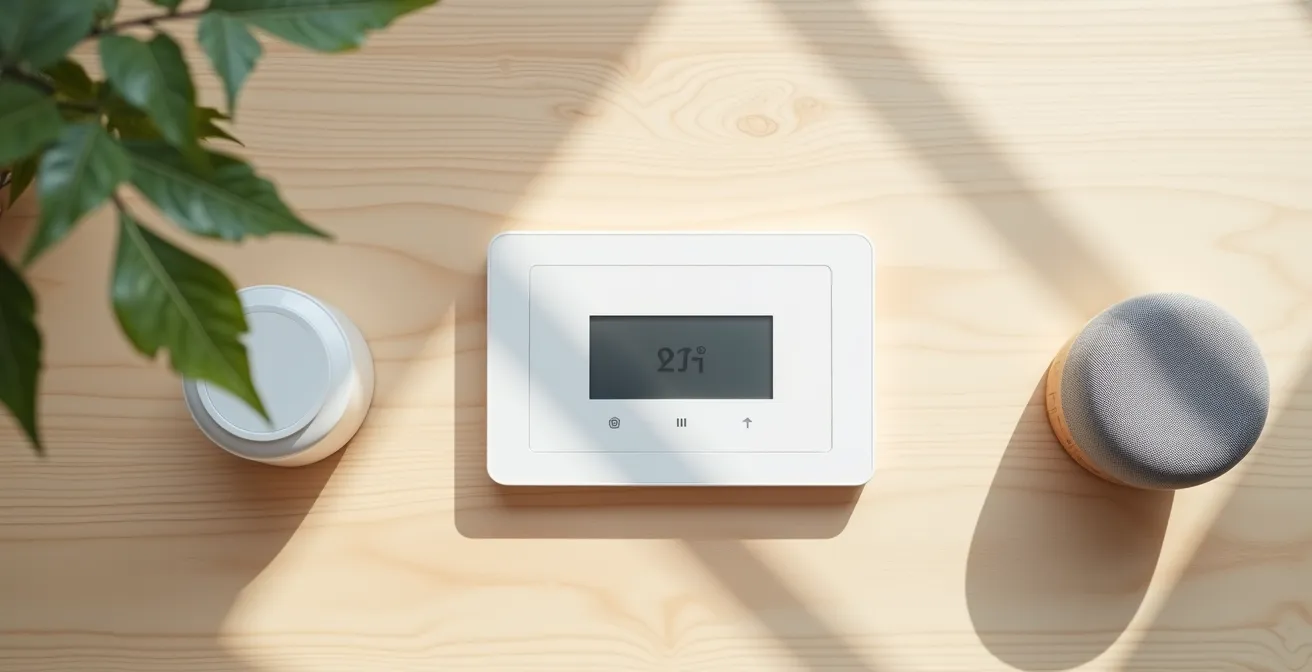 Minimalist overhead view of various smart home devices arranged on a clean surface